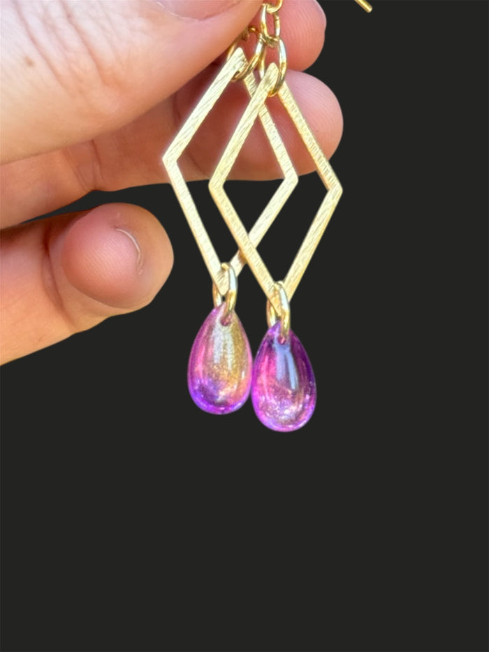 Purple and gold brass dangle earrings