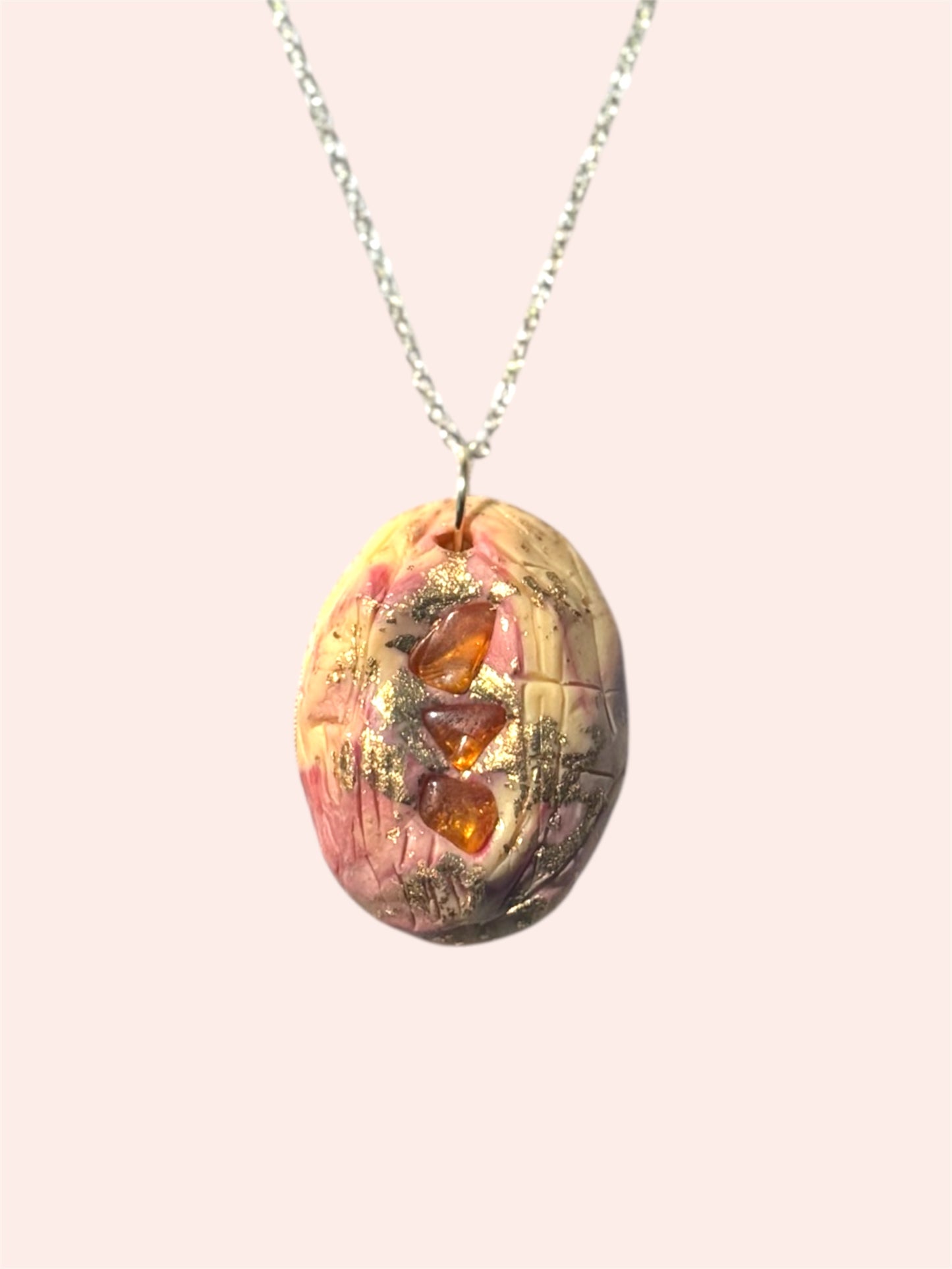 Amber and clay necklace, handmade in Oregon