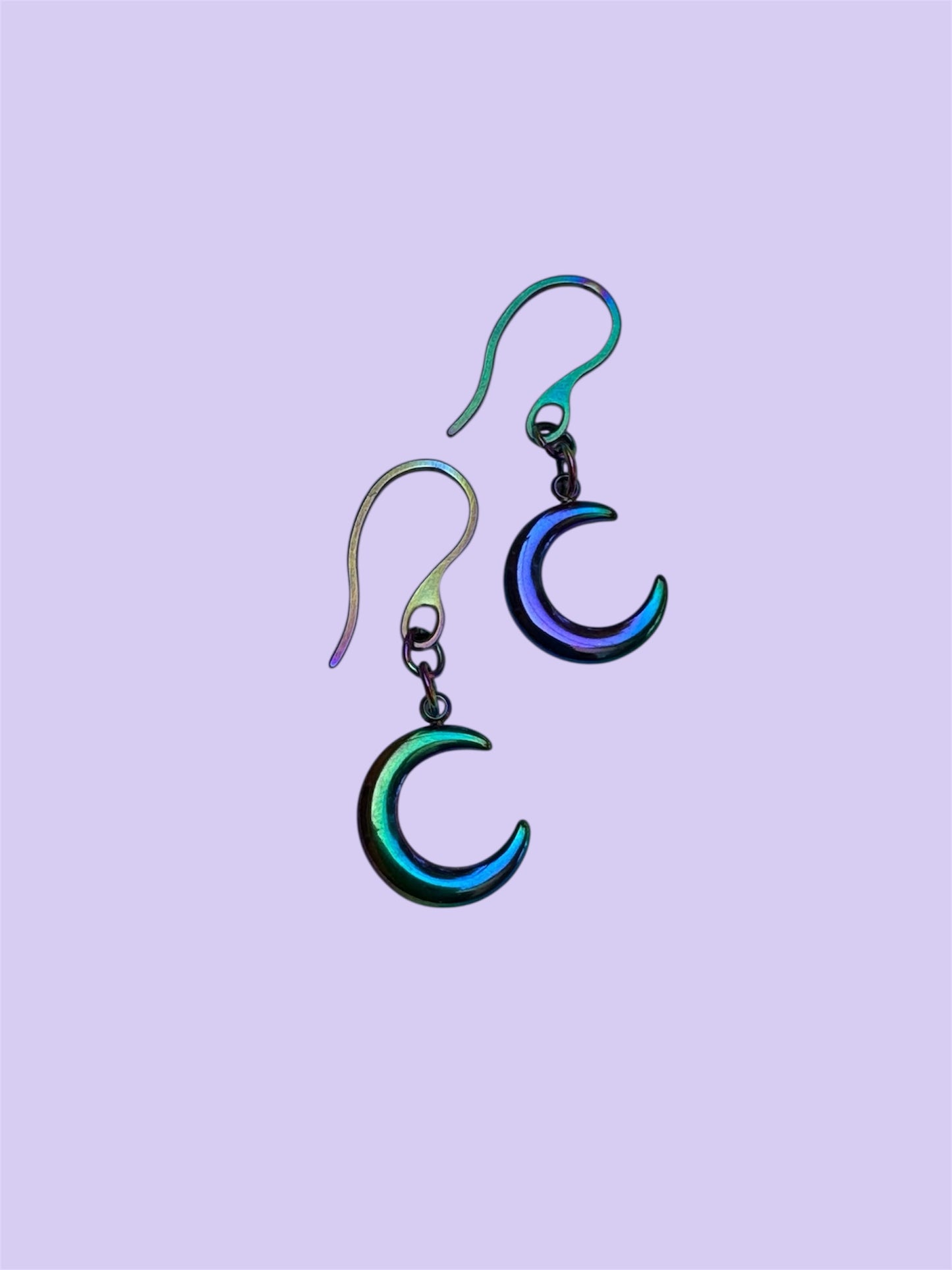 Iridescent purple crescent moon earrings