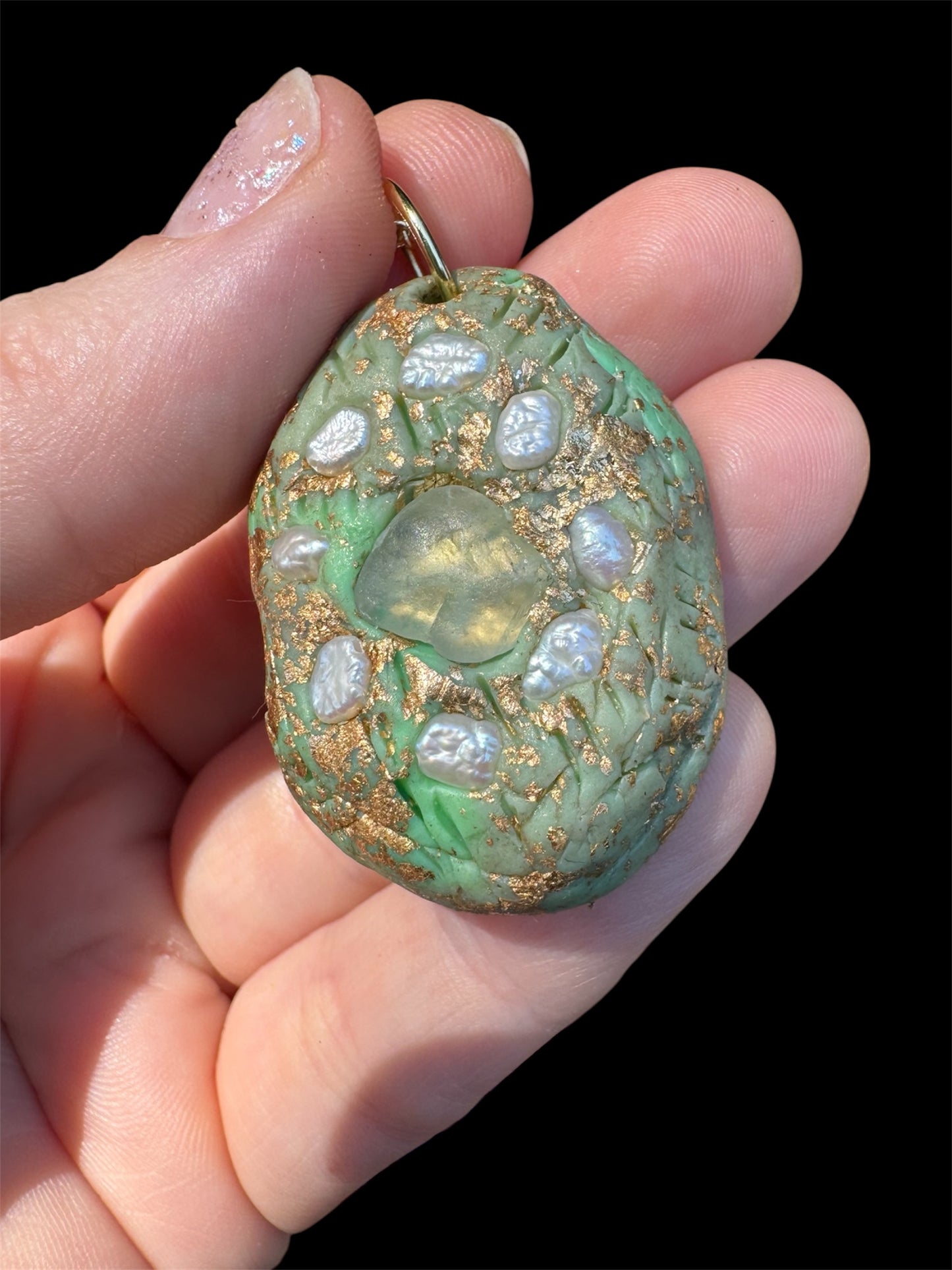 Pearl and fluorite mint green clay necklace, handmade, 14K gold plating